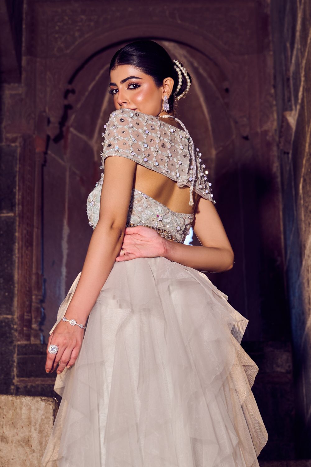 Lustre Powder Blue Embellished Net Ruffle Skirt and Blouse