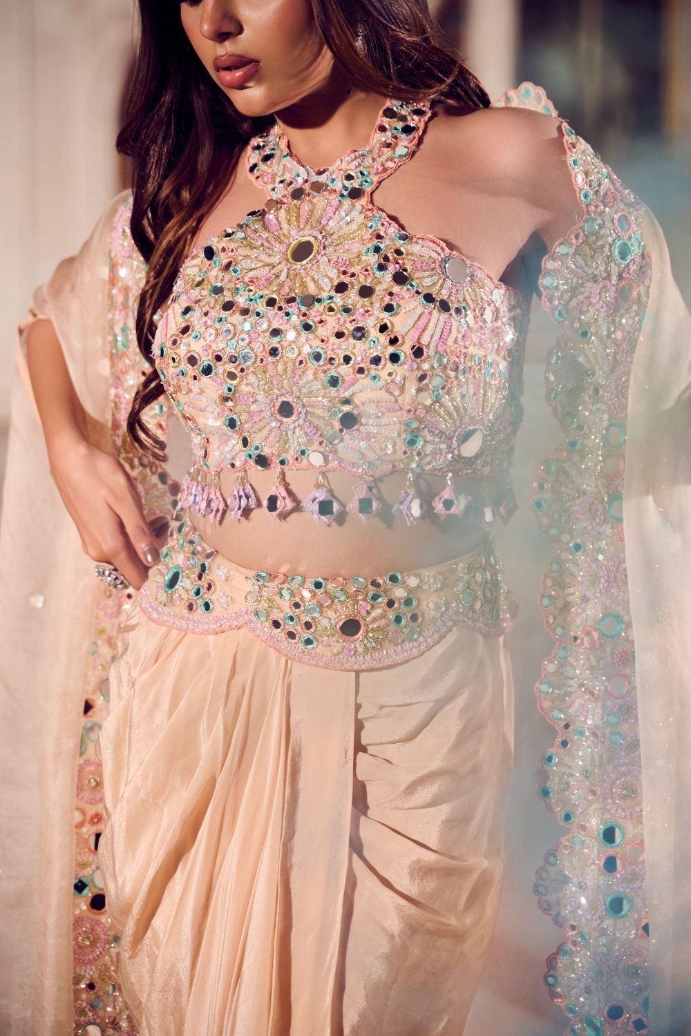 Sahiba Cream Mirrorwork Drape Skirt with Bustier and Cape