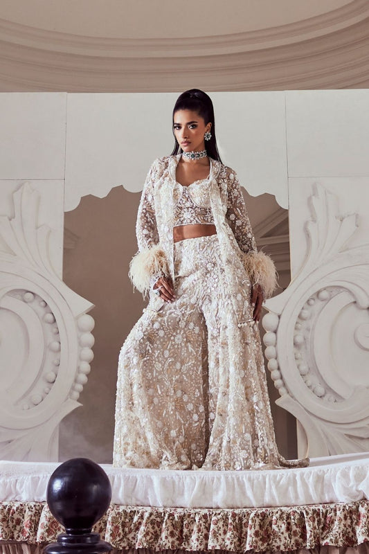 Calista Ivory Pearl Embellished Net Co-ord Set with Corset Blouse