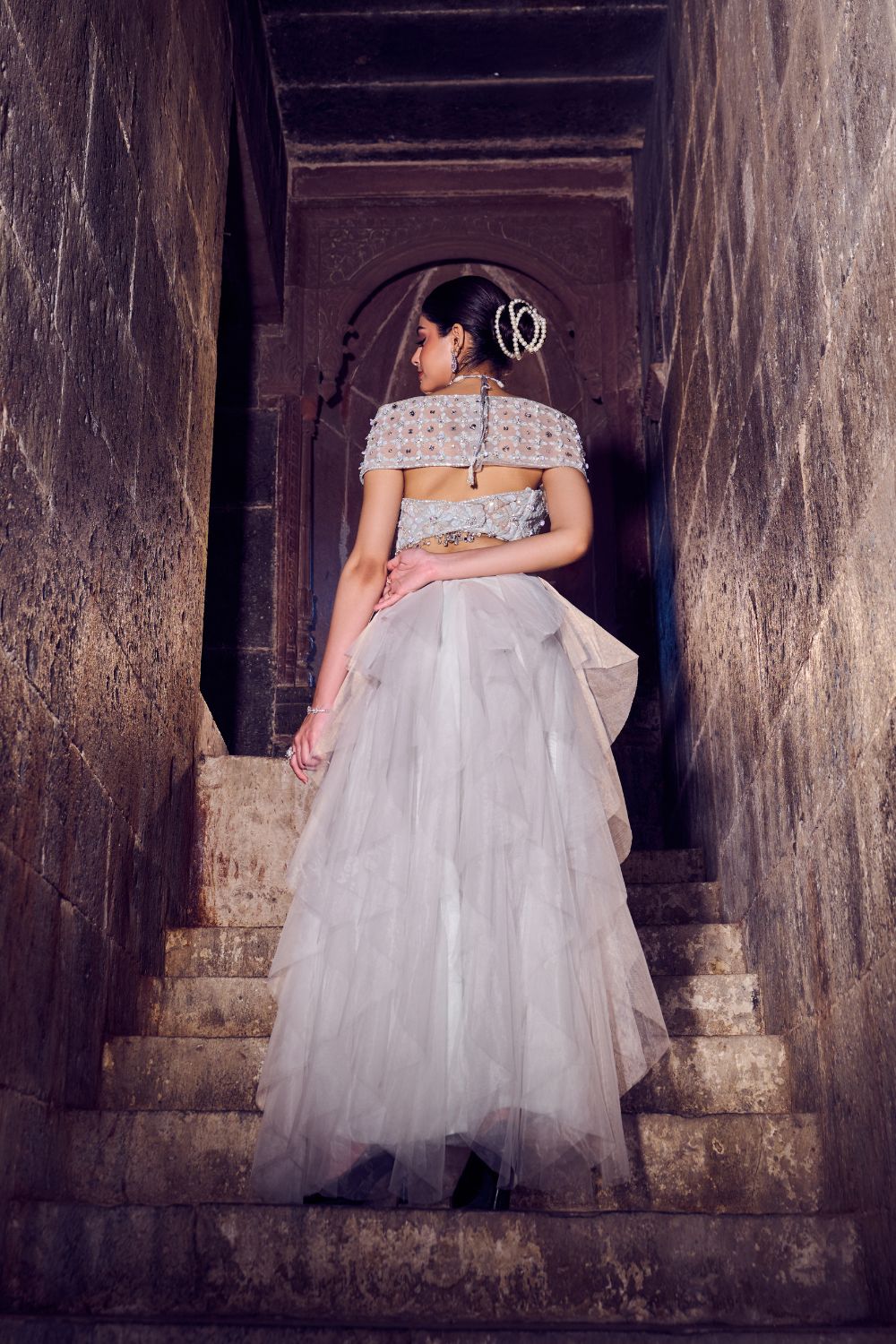 Lustre Powder Blue Embellished Net Ruffle Skirt and Blouse