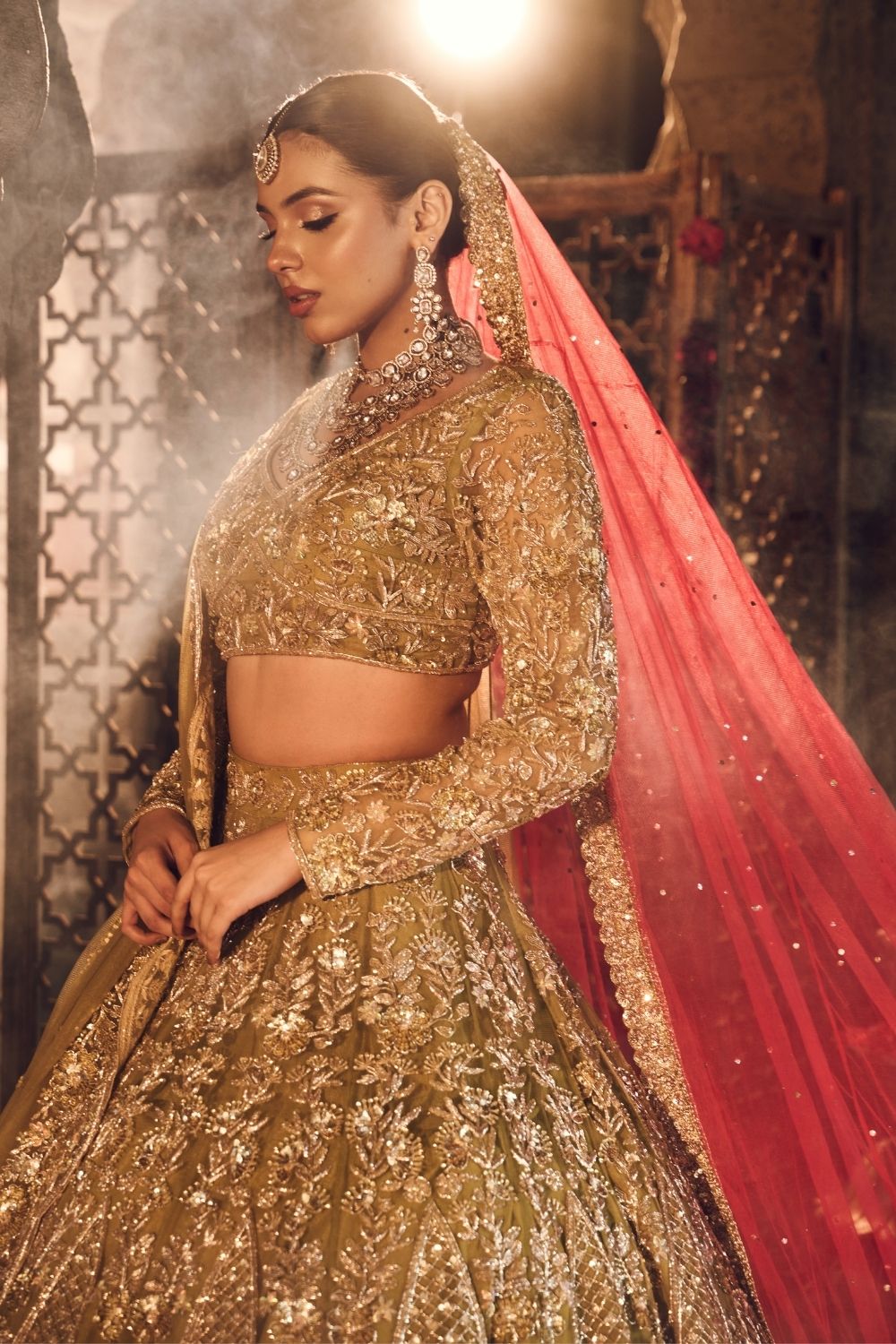 Gulbadan Plam Green Kora Organza Lining Shantoon Bridal Lehenga Set