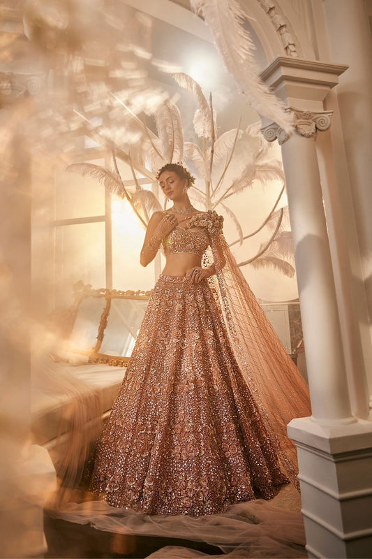 Iris Rose Gold Embellished Net Lehenga and Asymmetrical Blouse with Trail