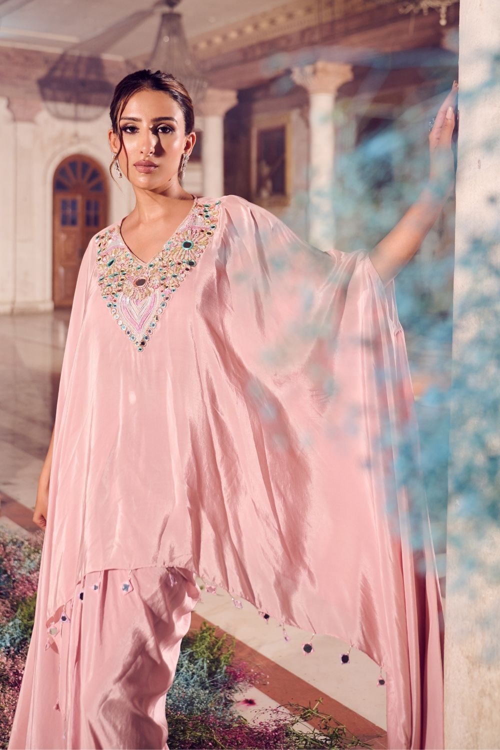 Ruhani Rose Gold Mirrorwork Draped Skirt with Kaftan