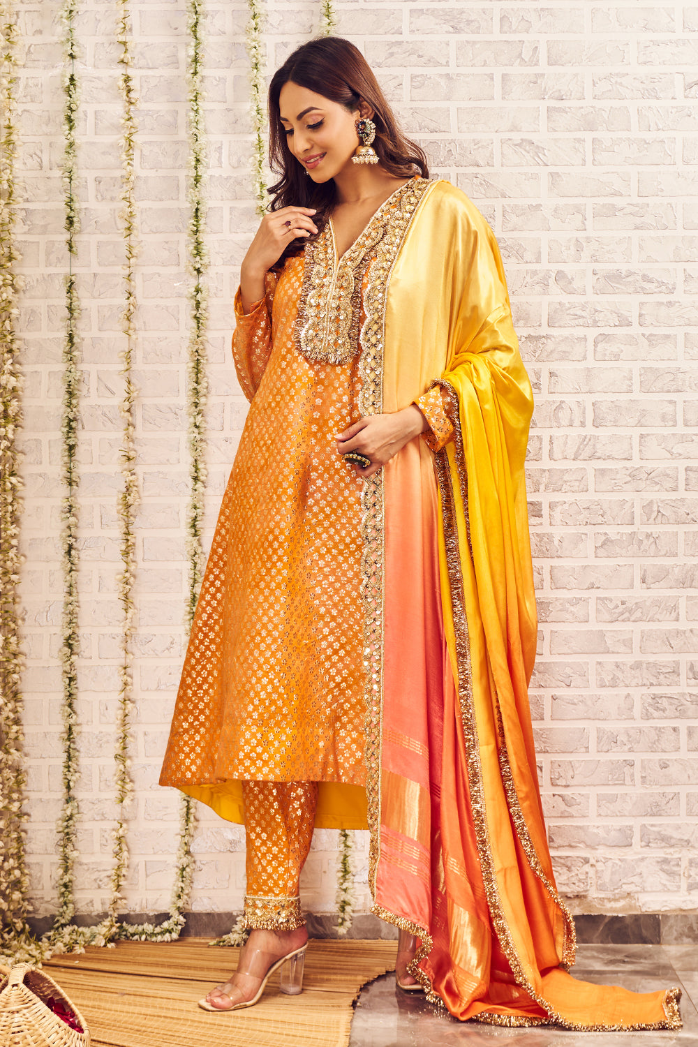 Shagna Sitaare Yellow Banarasi Kurti and Pants with Chanderi Dupatta Set
