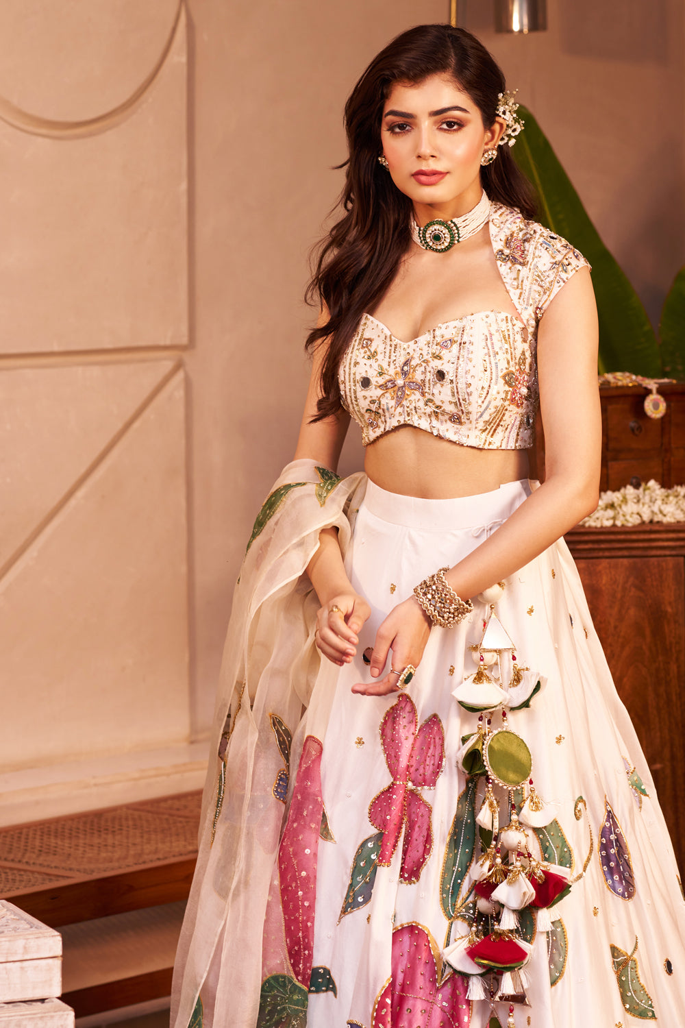 Nargis Ivory Kora Organza Floral Embellishment & Embroidered Lehenga Set