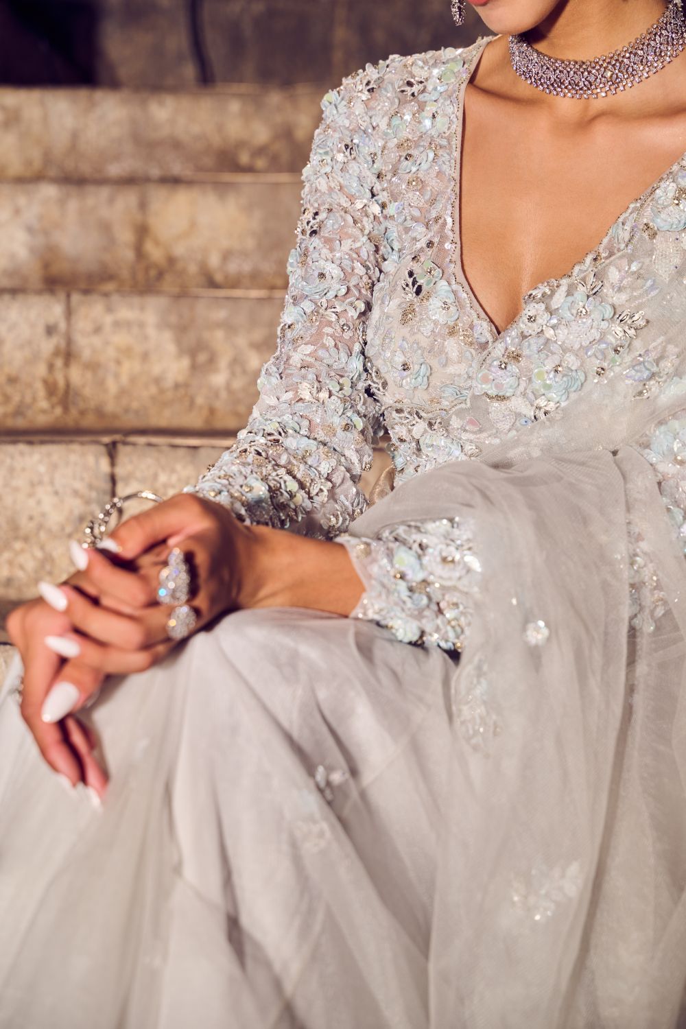 Lunaire Powder Blue Embellished Net Saree and V-neck Blouse