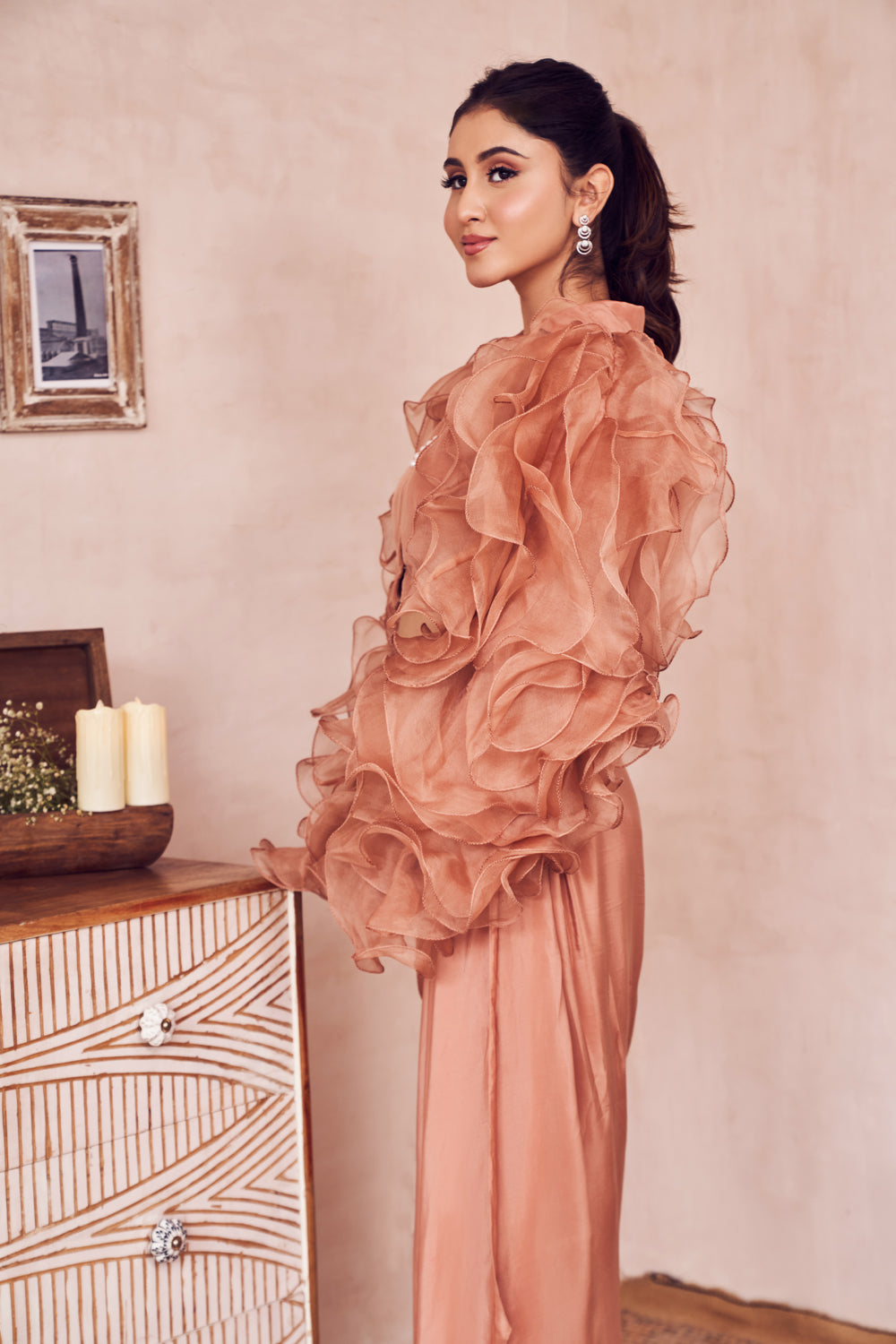 Silken Gleam Rose Gold Lining Shantoon Ruffle Sleeve Blouse With Skirt