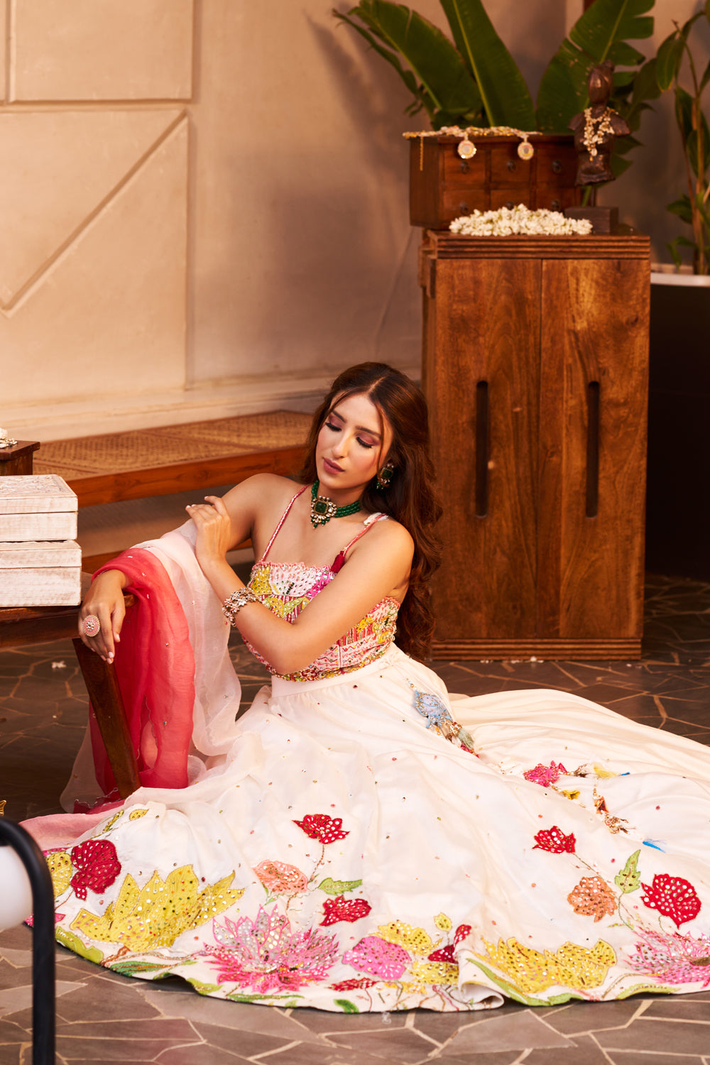 Meher Ivory Kora Organza Floral Sequins Embellishment & Embroidered Lehenga Set