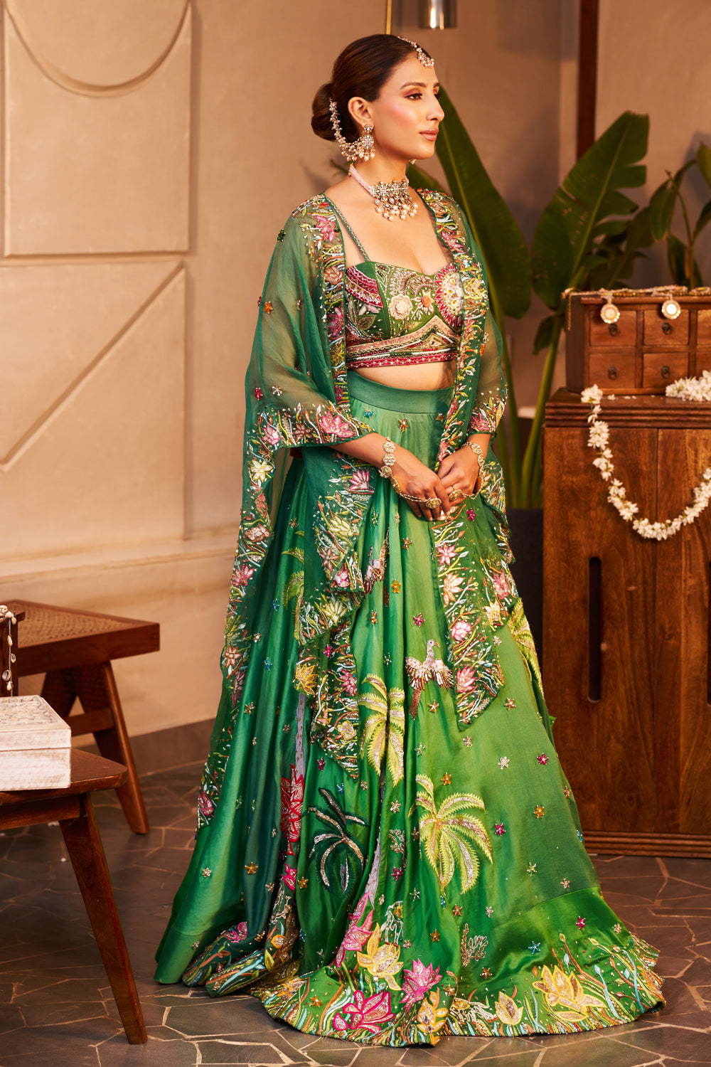 Urvashi Green Kora Organza Embellished & Embroidered Lehenga Set