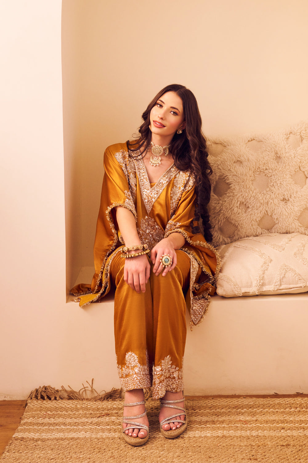 Seher Yellow Satin Silk Lining Shantoon Embroidery Gullista Kaftan With Pant