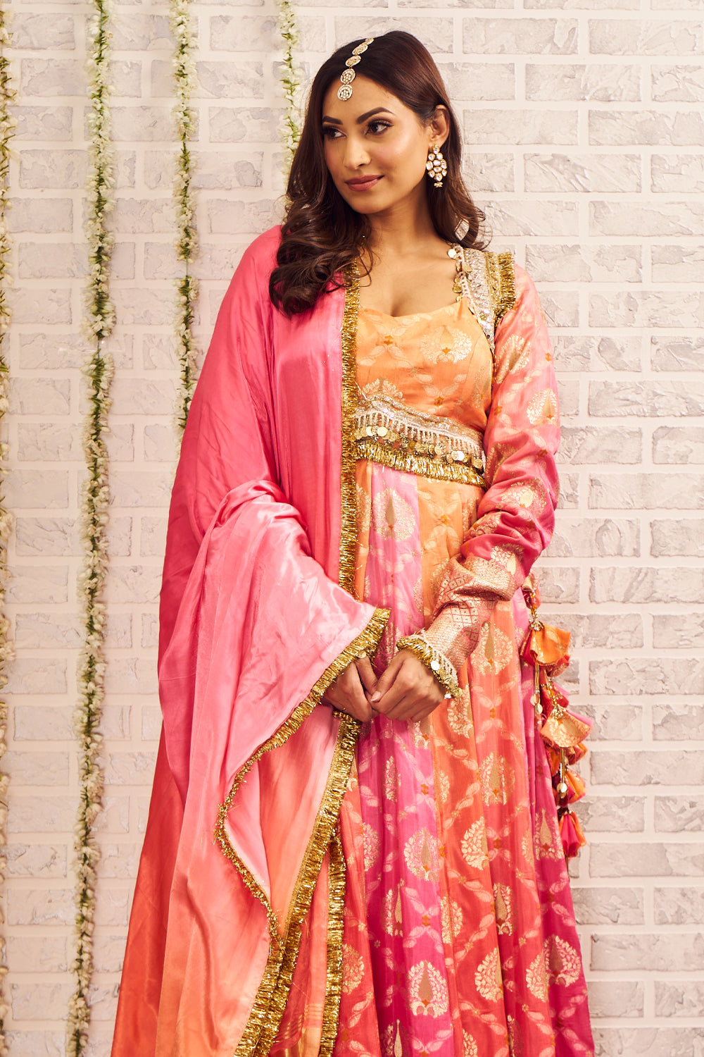 Shagna Inayat Orange Pink Banarasi Anarkali with Dupatta