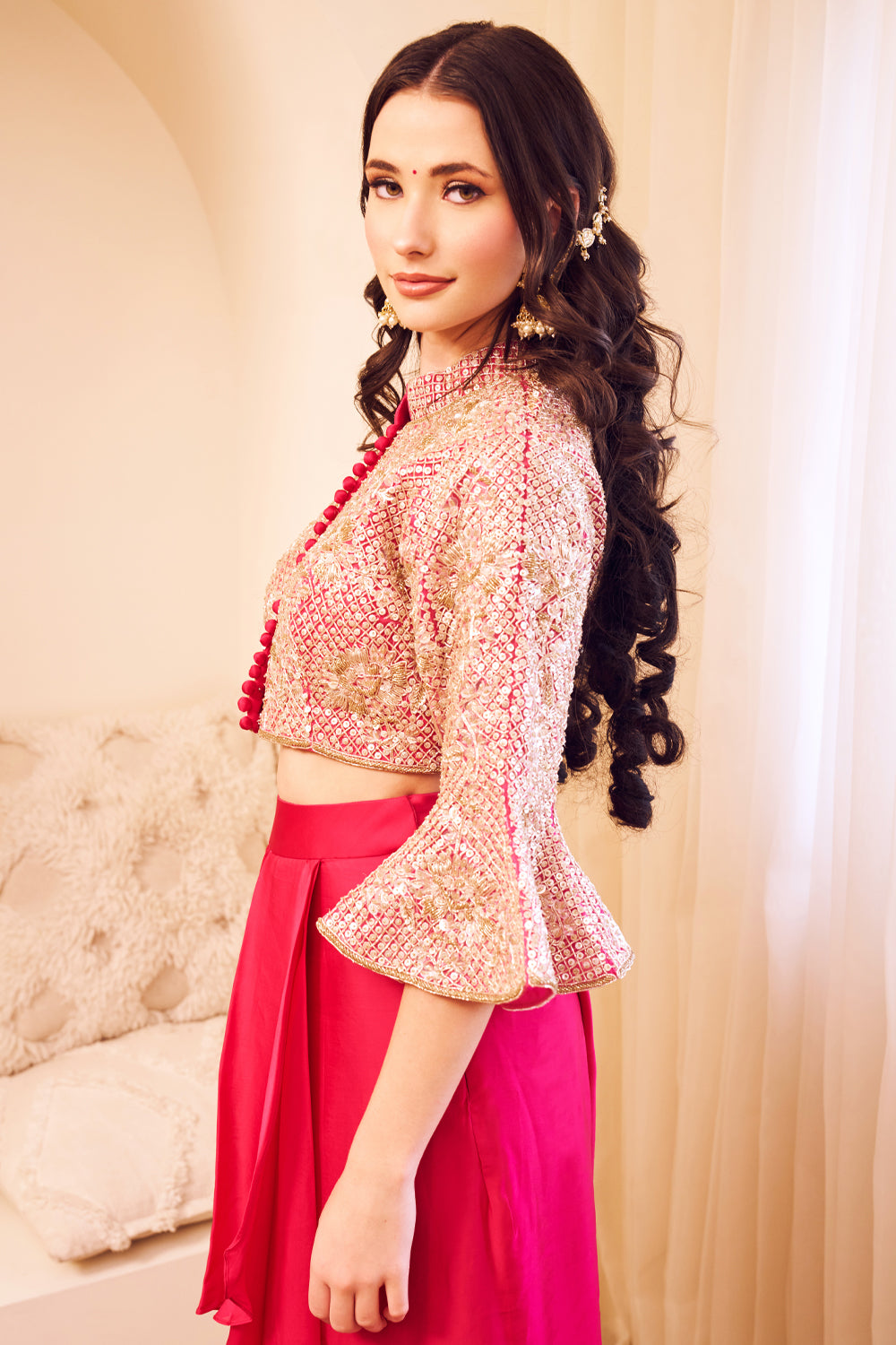 Masakali Hot Pink Satin Silk Lining Shantoon Bloom Blouse With Draped Skirt