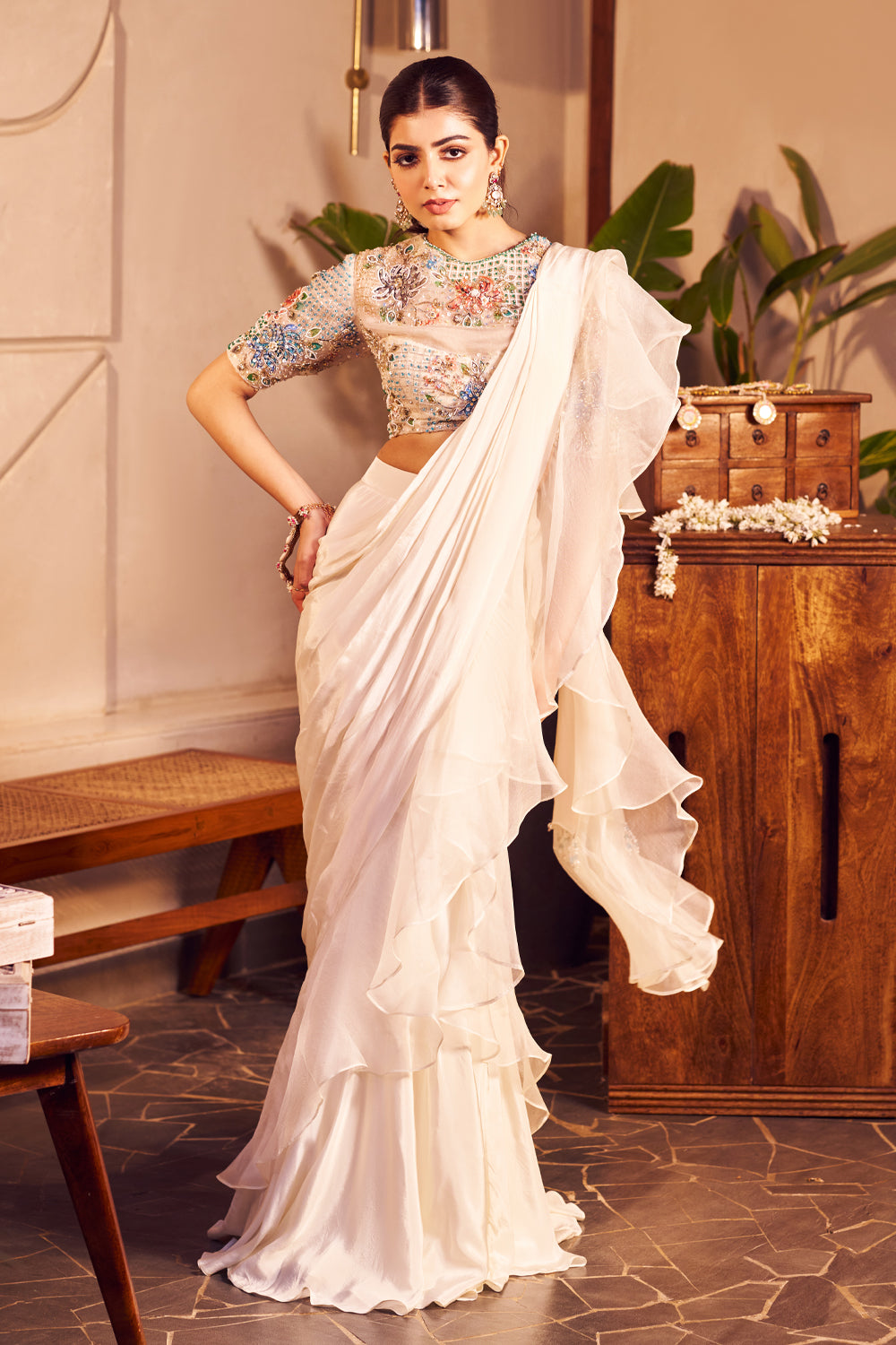 Meera Ivory Crepe Embellished Sequin Solid Pre-Draped Ruffle Saree With Blouse