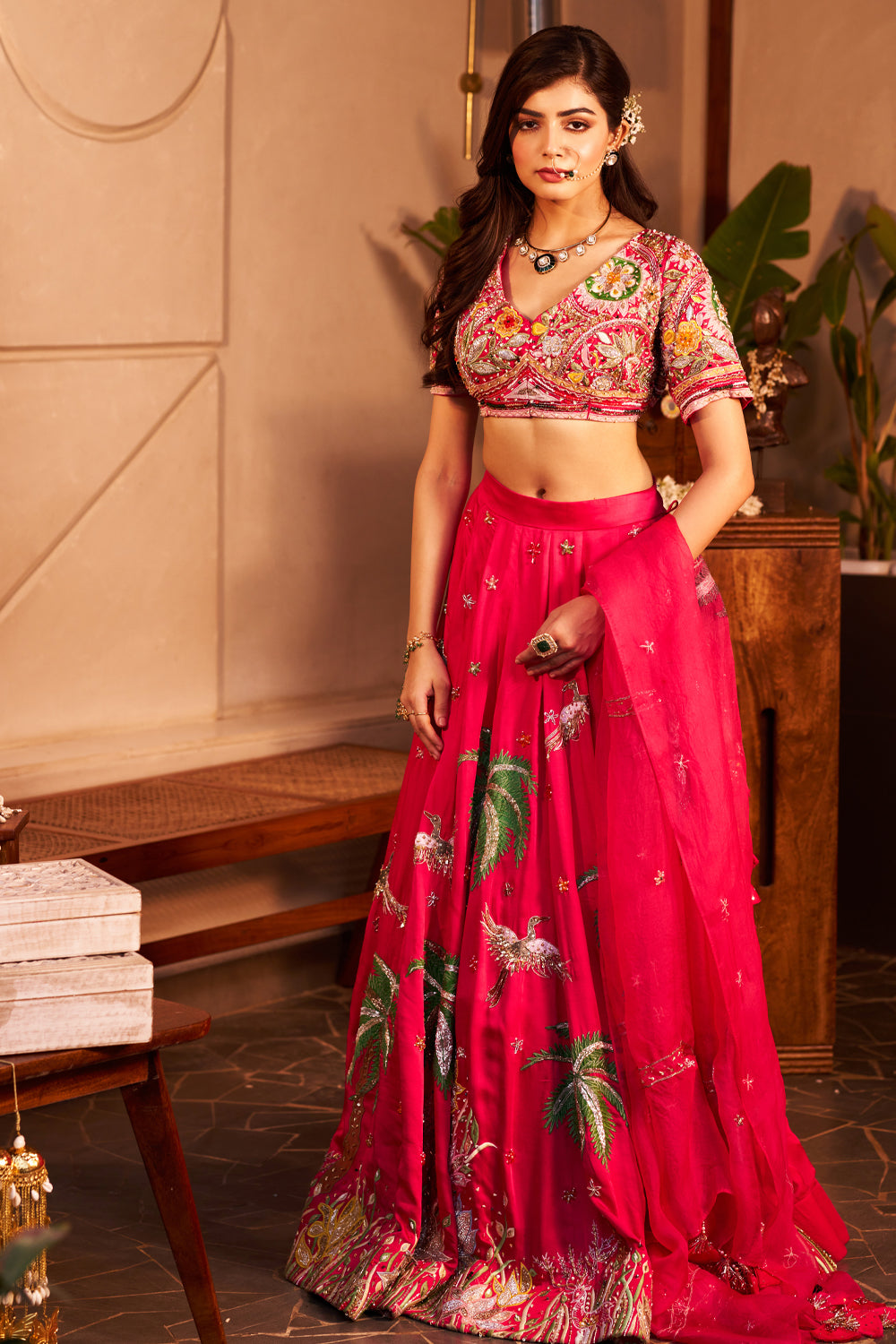 Arzoo Pink Kora Organza Palm Tree Embellishment & Embroidered Lehenga Set