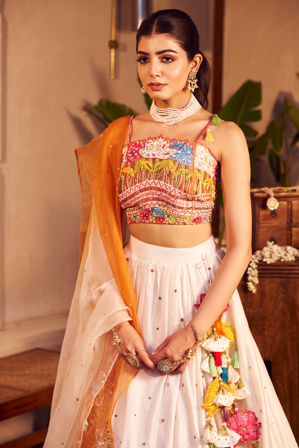 Tamannah Ivory Chanderi Embroidered Thread Square Floral Patchwork Lehenga Set