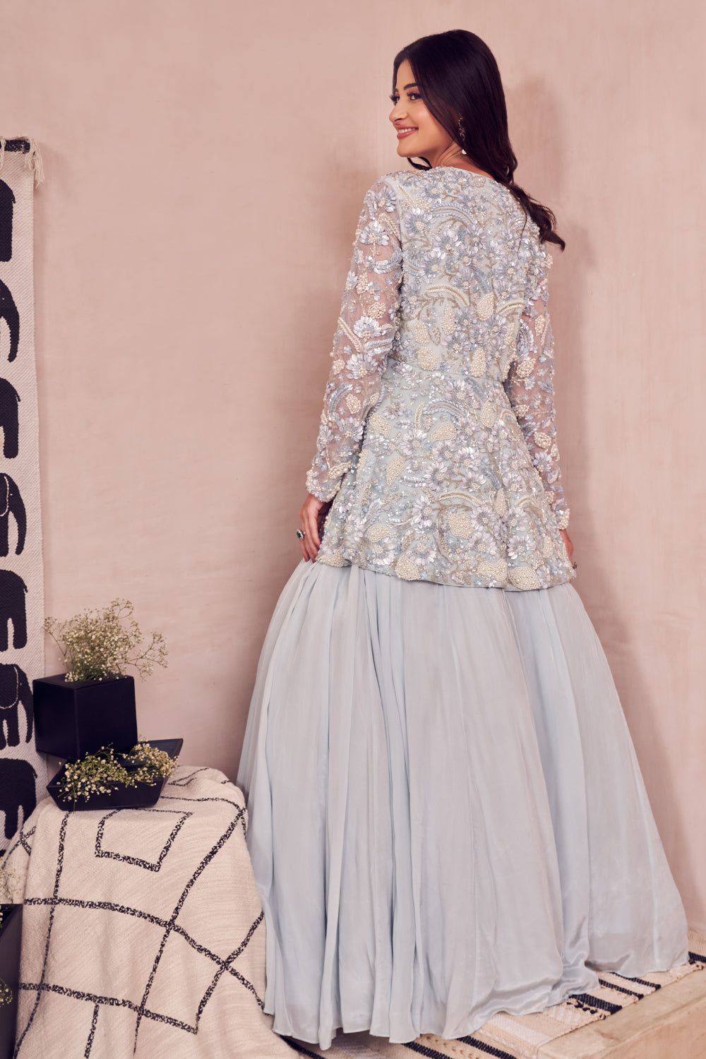 Gossamer Sky Blue Crepe Hand Embellished Pearls Closed Peplum Kurta With Lehenga