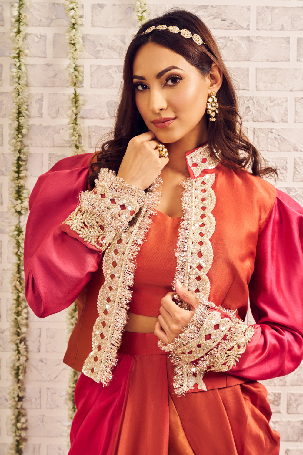 Shagna Raabta Orange Pink Chanderi Dhoti Skirt and Bustier with Jacket