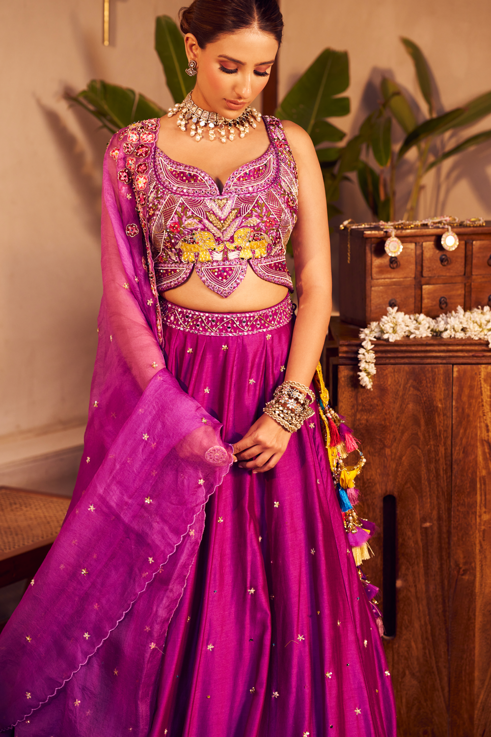 Aishwarya Purple Chanderi Embroidered Thread Elephant Patchwork Lehenga Set
