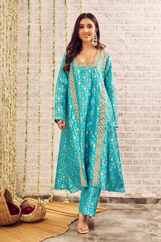 Shagna Ehsaas Blue Bandhani Textured Kurti with Pants