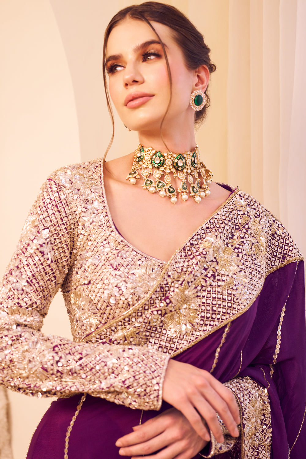 Riyaaz Purple Organza Lining Shantoon Phool Bahar Border Saree With Blouse