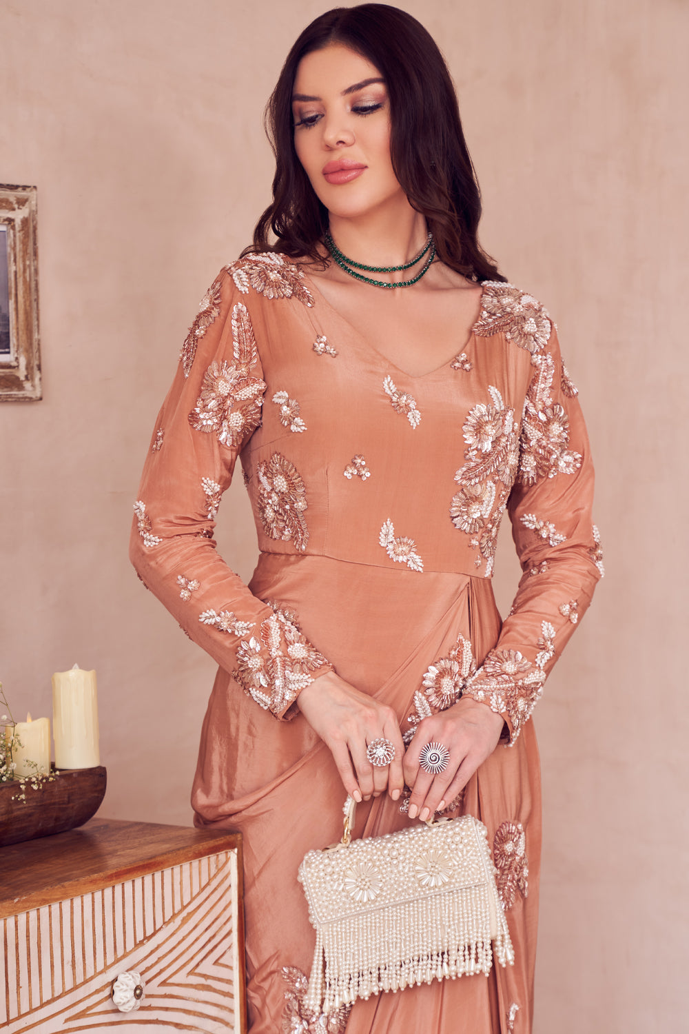 Diamond Dream Rose Gold Crepe Embellished Pearl V Neck Draped Gown