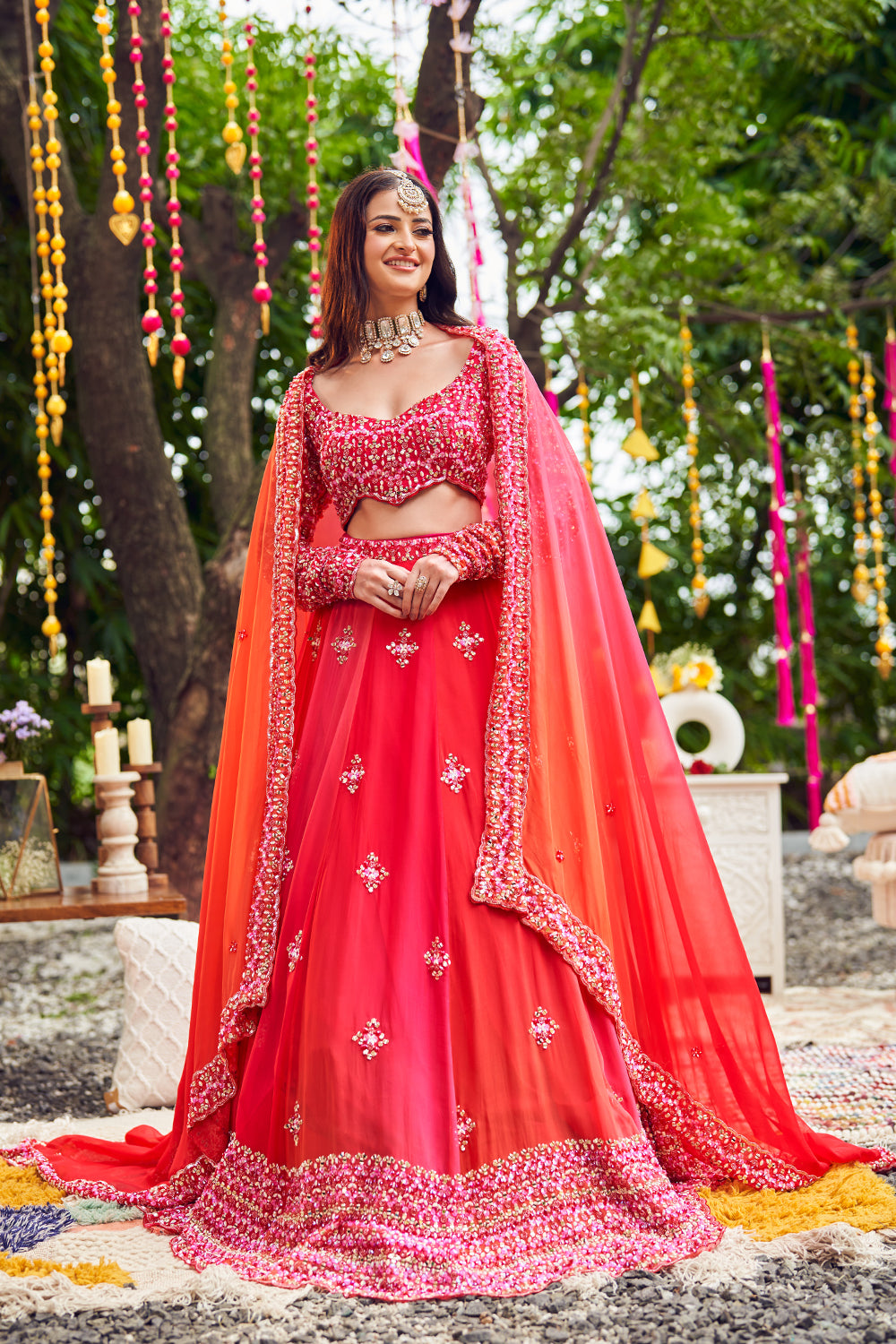 Sunset Ombre Red Viscose Organza Embroidery Crystals Leaf Cutdana Lehenga Set