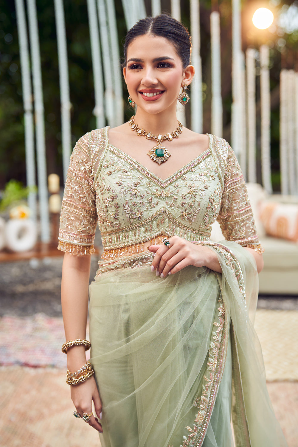 Jade Elegance Green Net Embroidery Sequin Sweetheart Neck Flora Border Saree With Blouse