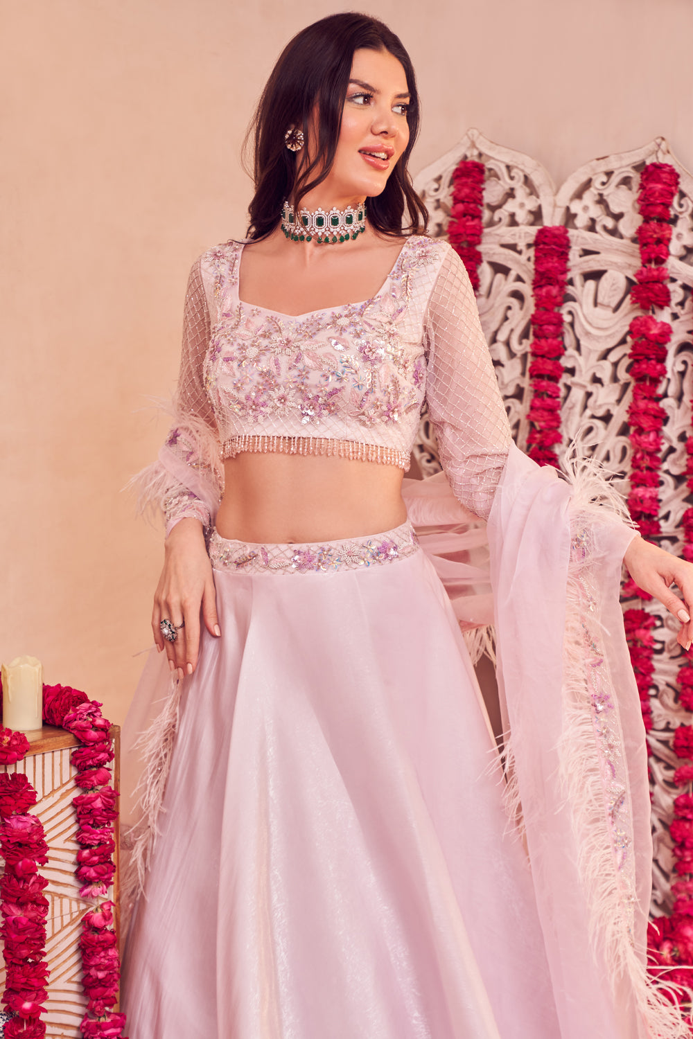 Lustrous Pink Lehenga Paper Satin Organza Lehenga Set with Blouse