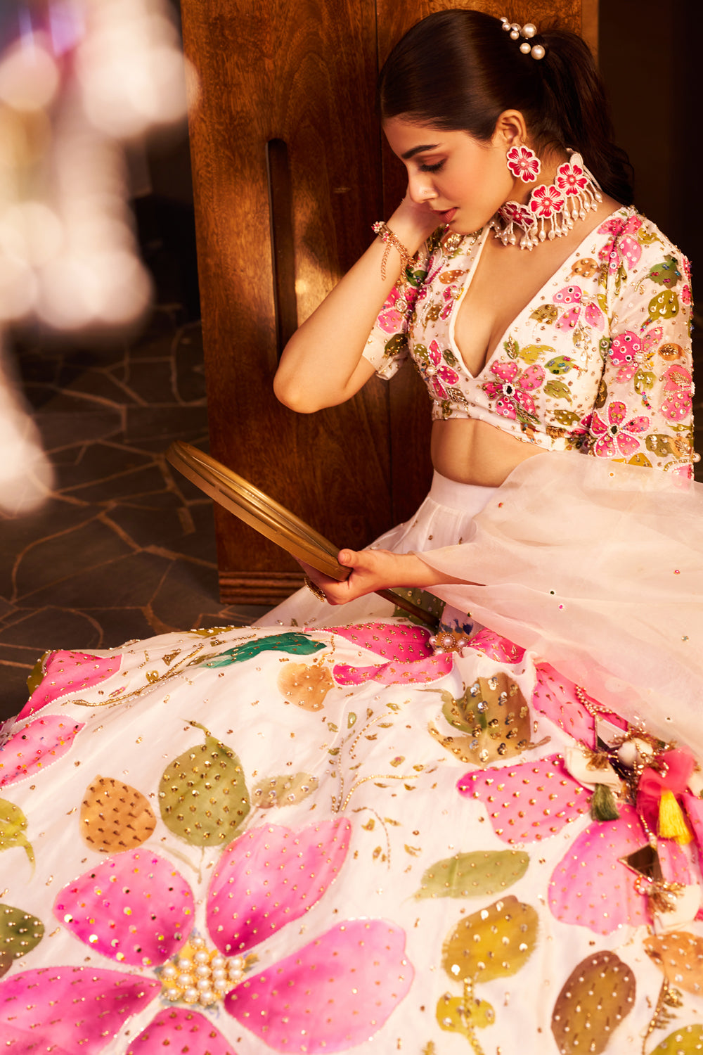 Naina Ivory Chanderi Embellished Floral Plunge V-Neck Handpainted Lehenga Set