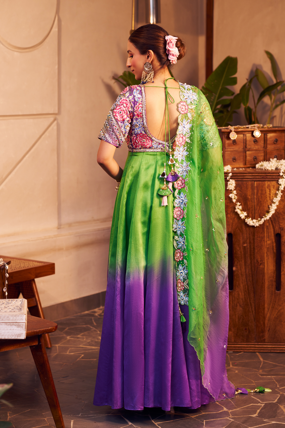 Nandini Purple Chanderi Embroidered Thread Floral Cut-Out Anarkali With Dupatta