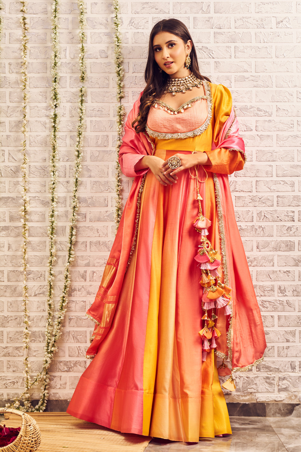 Shagna Raina Yellow Pink Chanderi Anarkali with Dupatta
