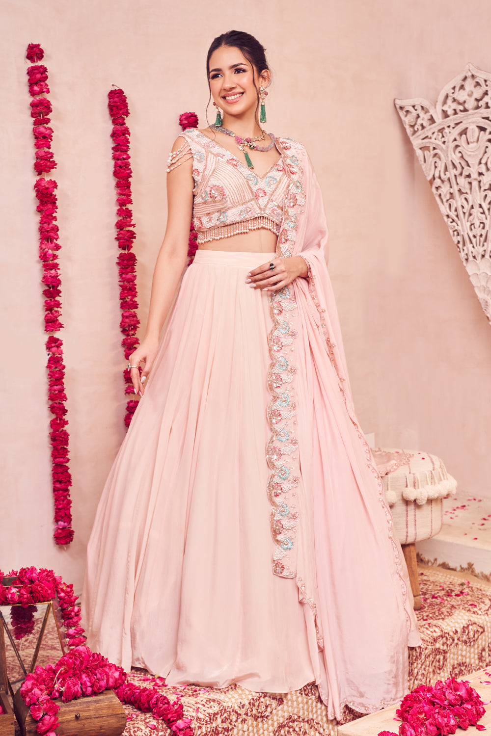 Posh Peach Lehenga Crepe Embellished Lehenga Set with Blouse