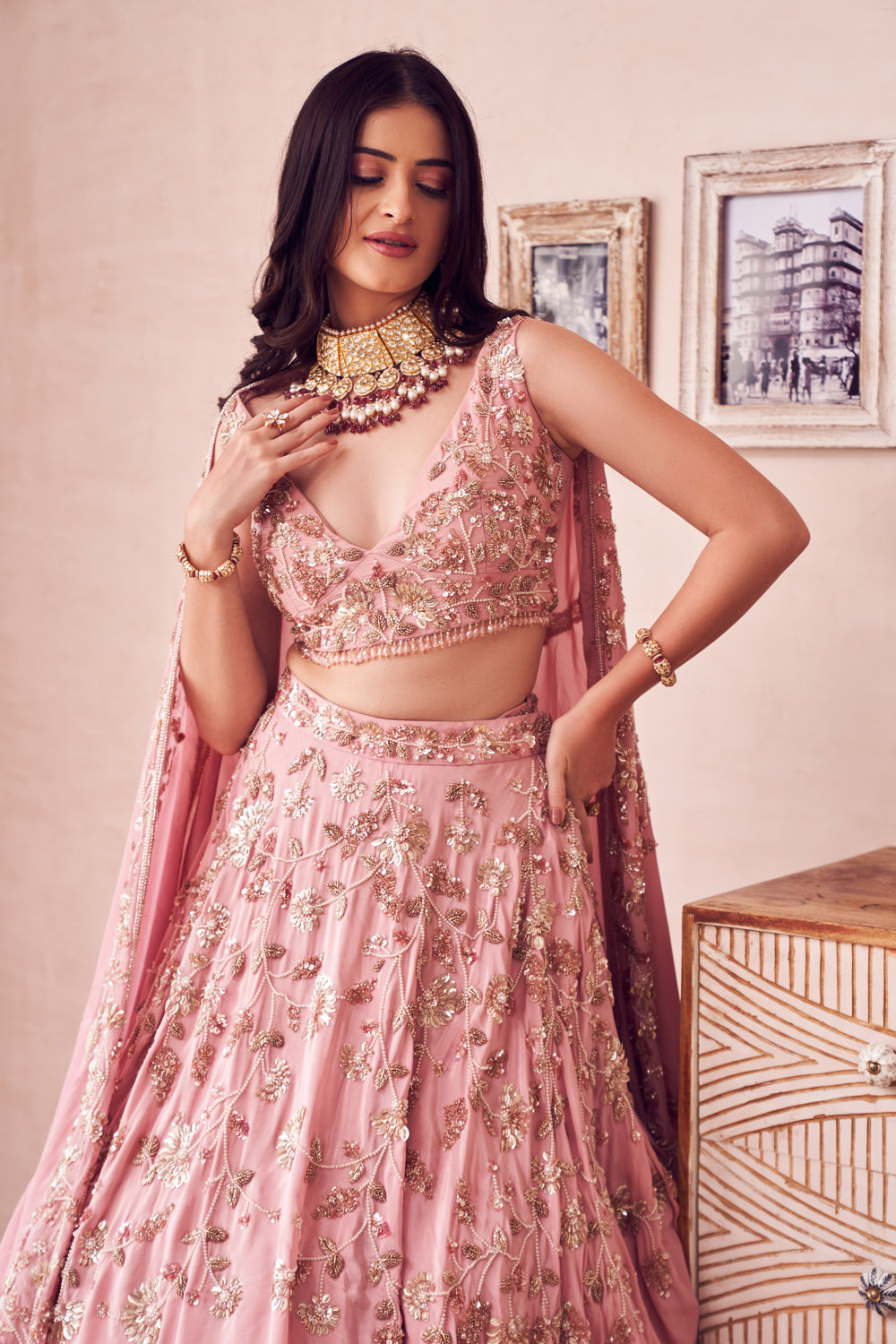 Floral Fountain Pink Crepe Lining Shantoon Embroidery Bridal Lehenga Set