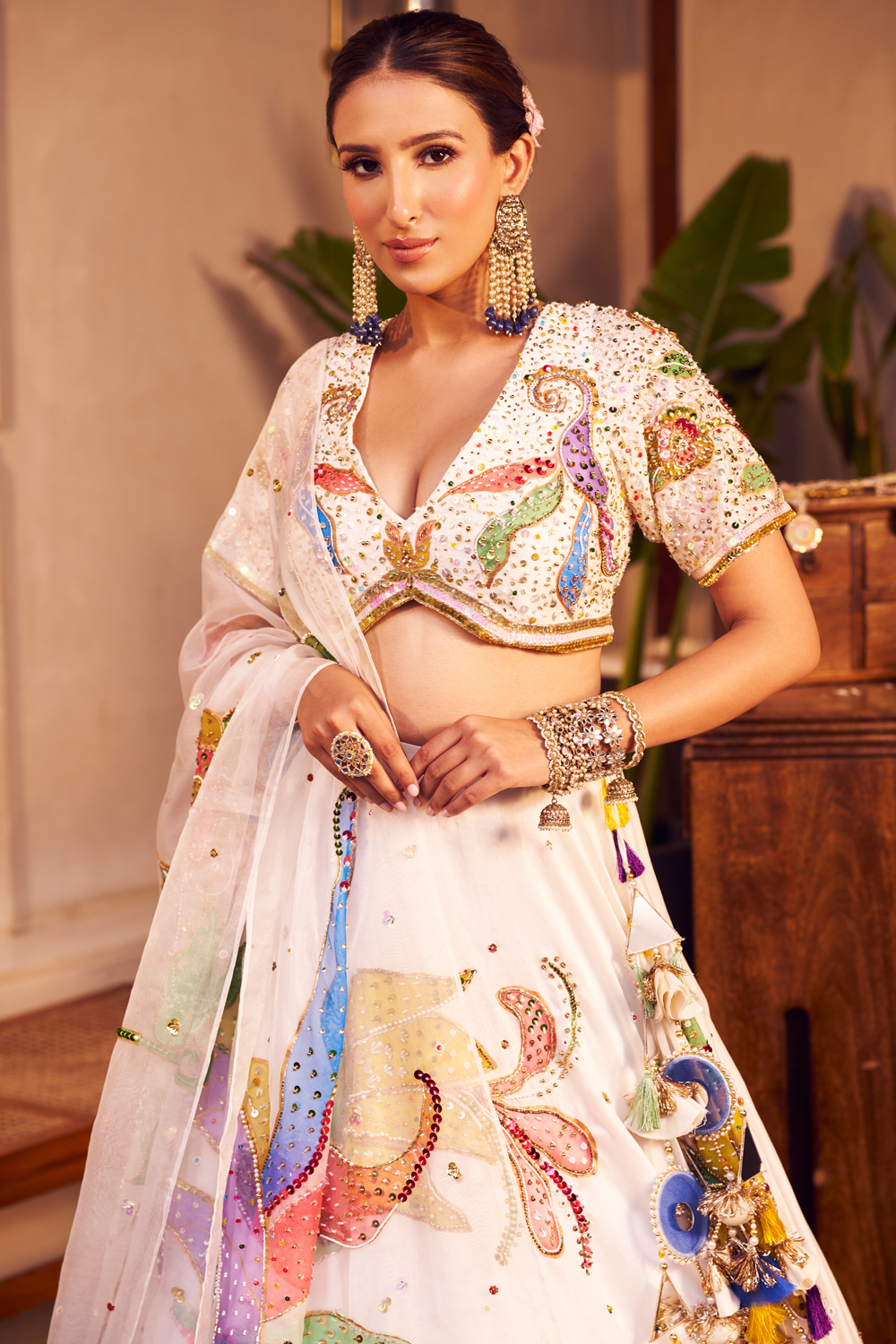 Rukmini Ivory Kora Organza Embellished & Painted Lehenga Set