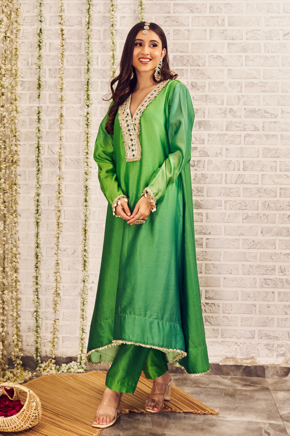 Shagna Di Ruhaniyat Green Chanderi Kurti with Pants Set