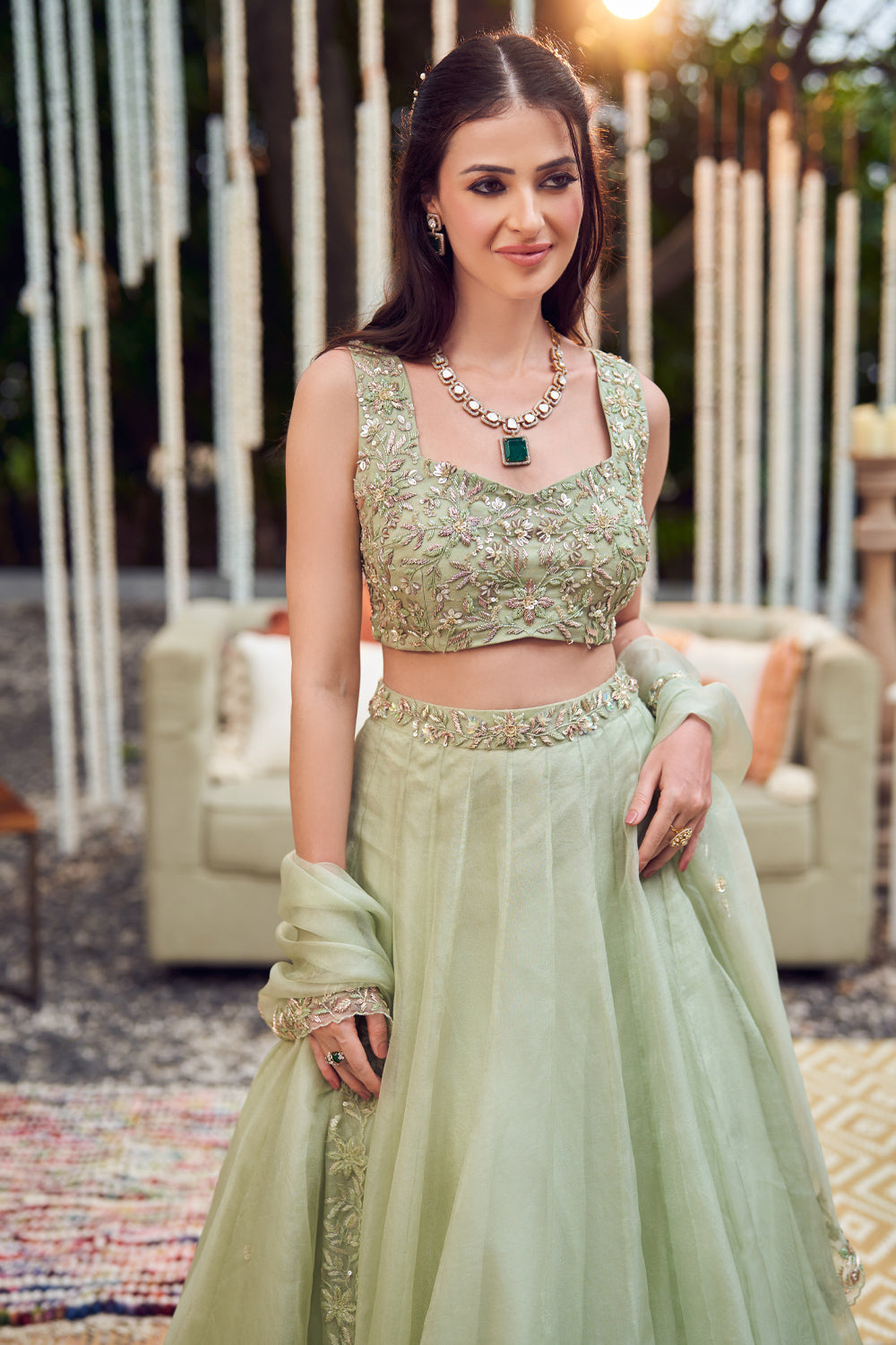 Lush Green Organza Lining Shantoon Flora Bloom Waistband Lehenga Set