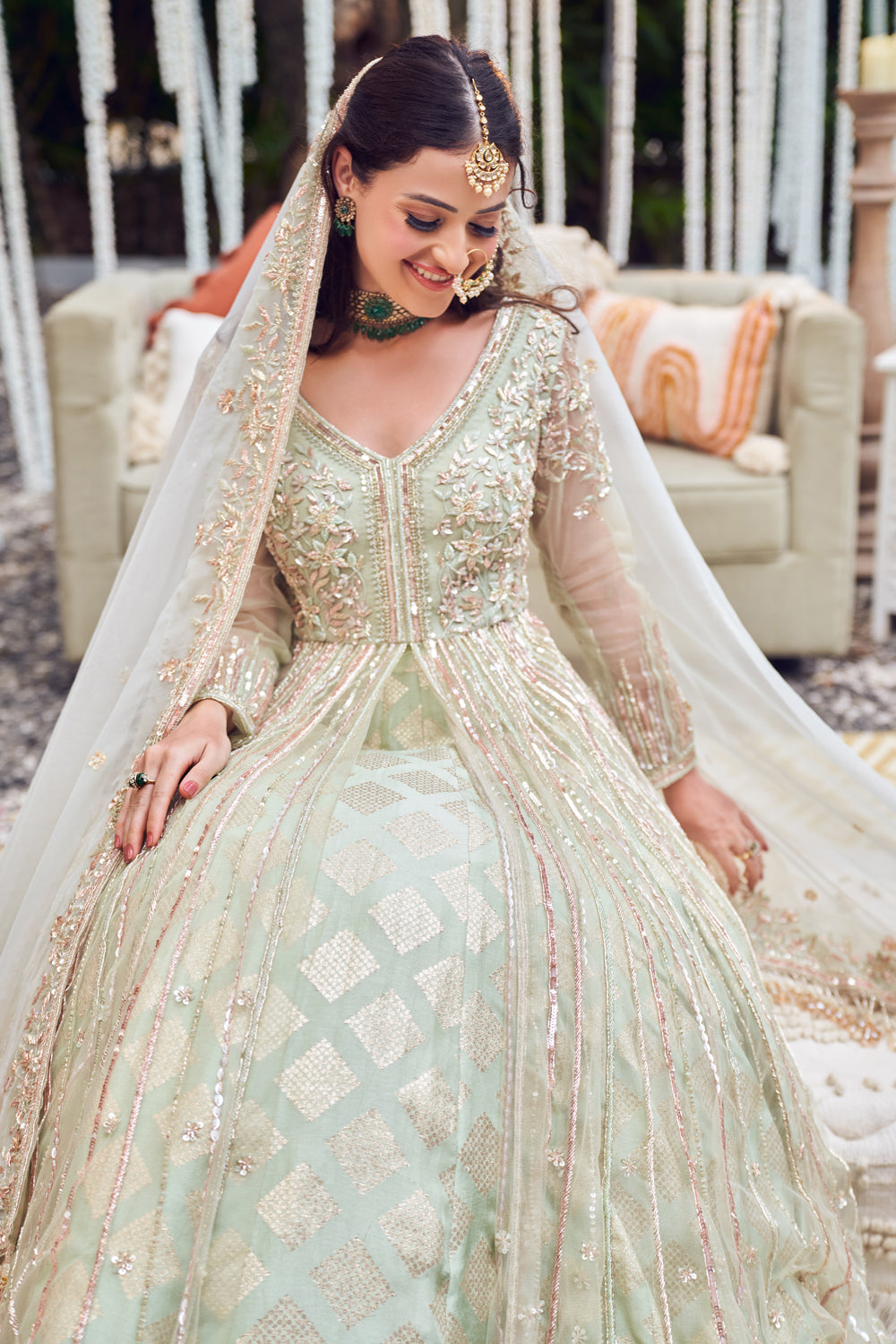 Mellow Maharani Green Banarasi Embroidery Sequin Ambrosia Jacket Kurta Lehenga Set