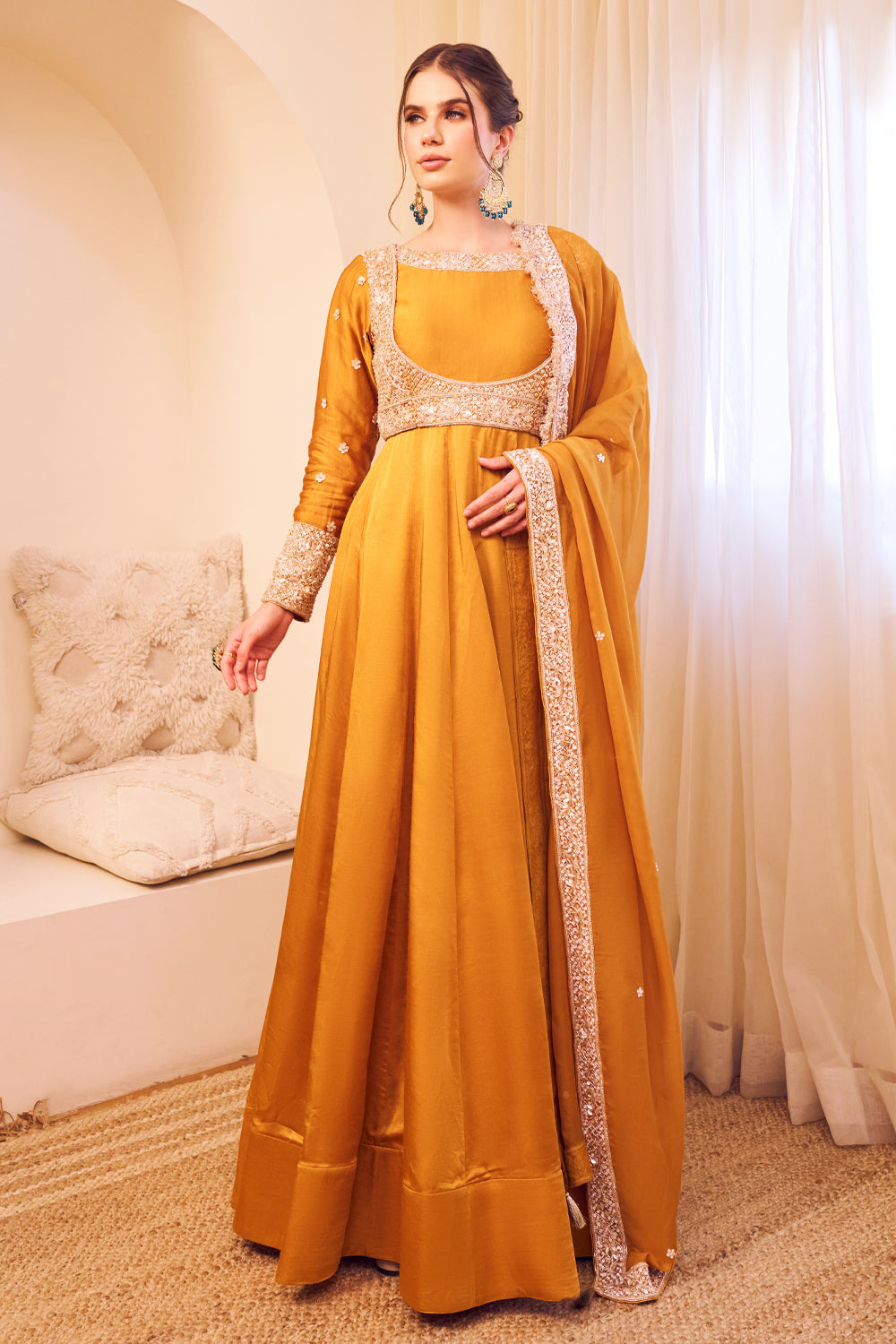 Meherbaan Yellow Satin Silk Lining Shantoon Ditsy Blossom Anarkali Set