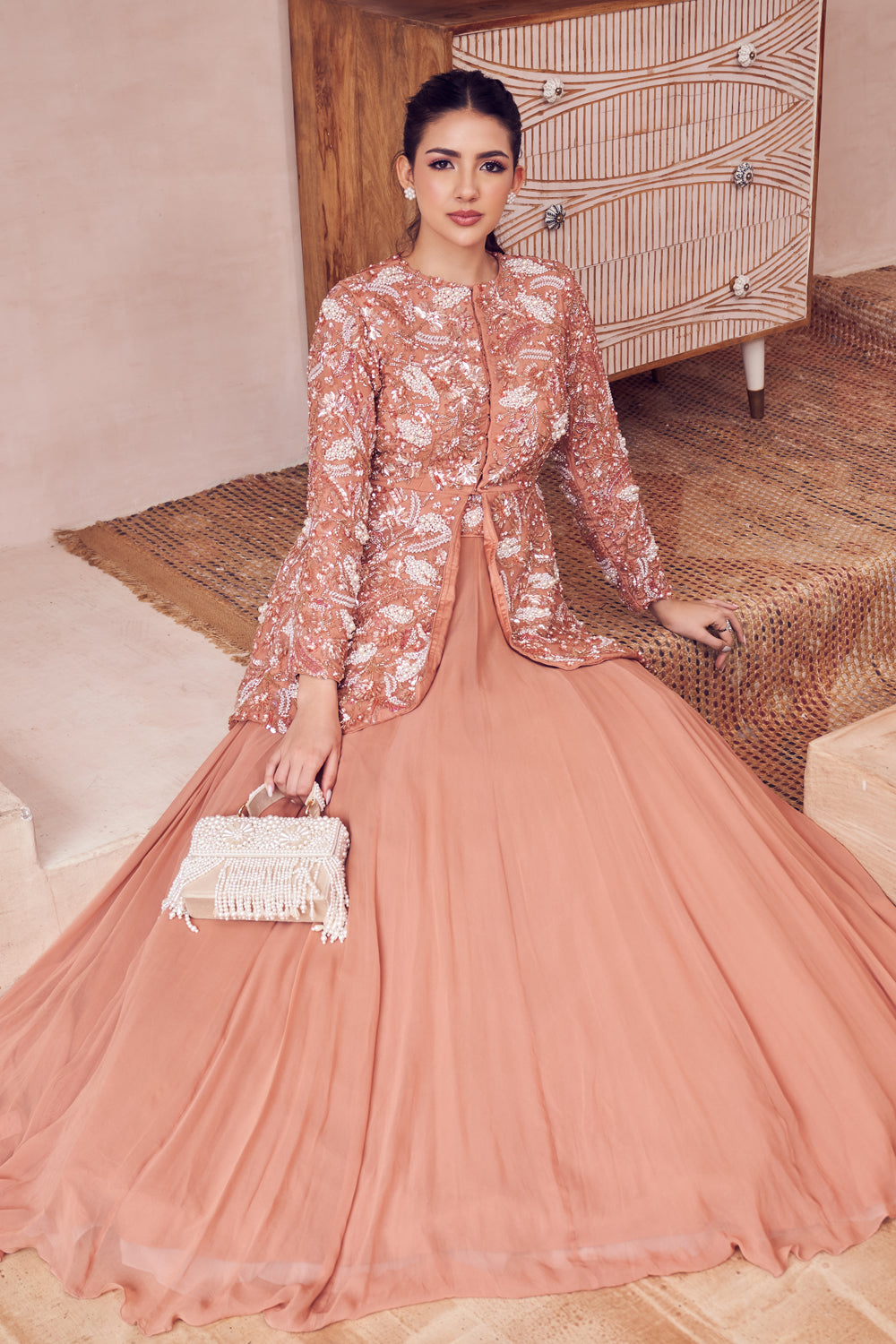 Magical Rose Gold Lining Shantoon Embellished Peplum Blouse With Lehenga