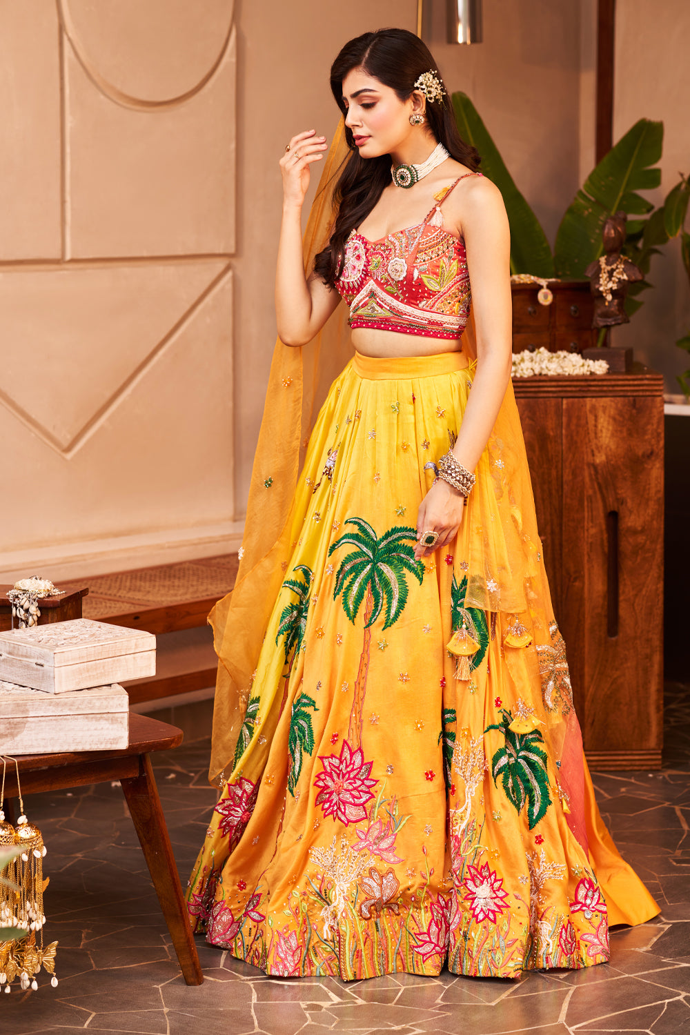 Aditi Yellow Chanderi Embroidered Thread Nature Patchwork Lehenga Set