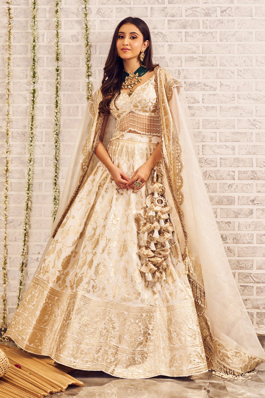 Shagna Rooh Ivory Banarasi Skirt and Blouse with Dupatta Set