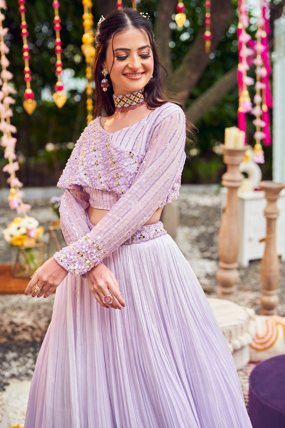 Orchid Purple Organza Lining Shantoon Embroidery Pleated Lehenga With Blouse