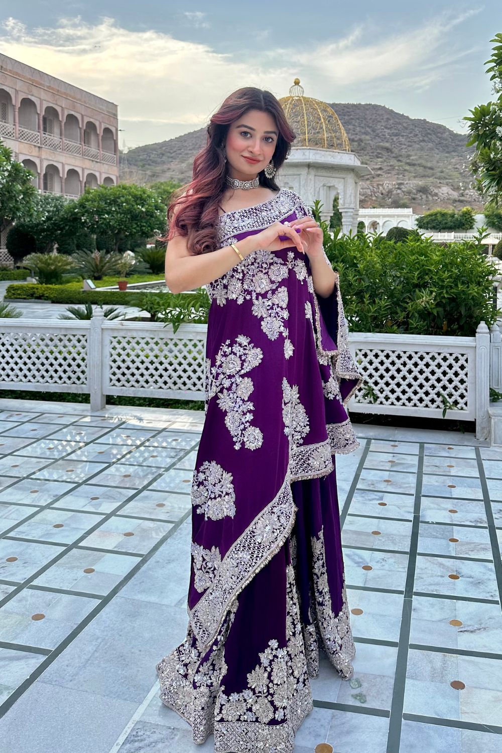 Swarna Purple Satin Silk Lining Shantoon Embroidery Rooh Bahar Kaftan With Sharara