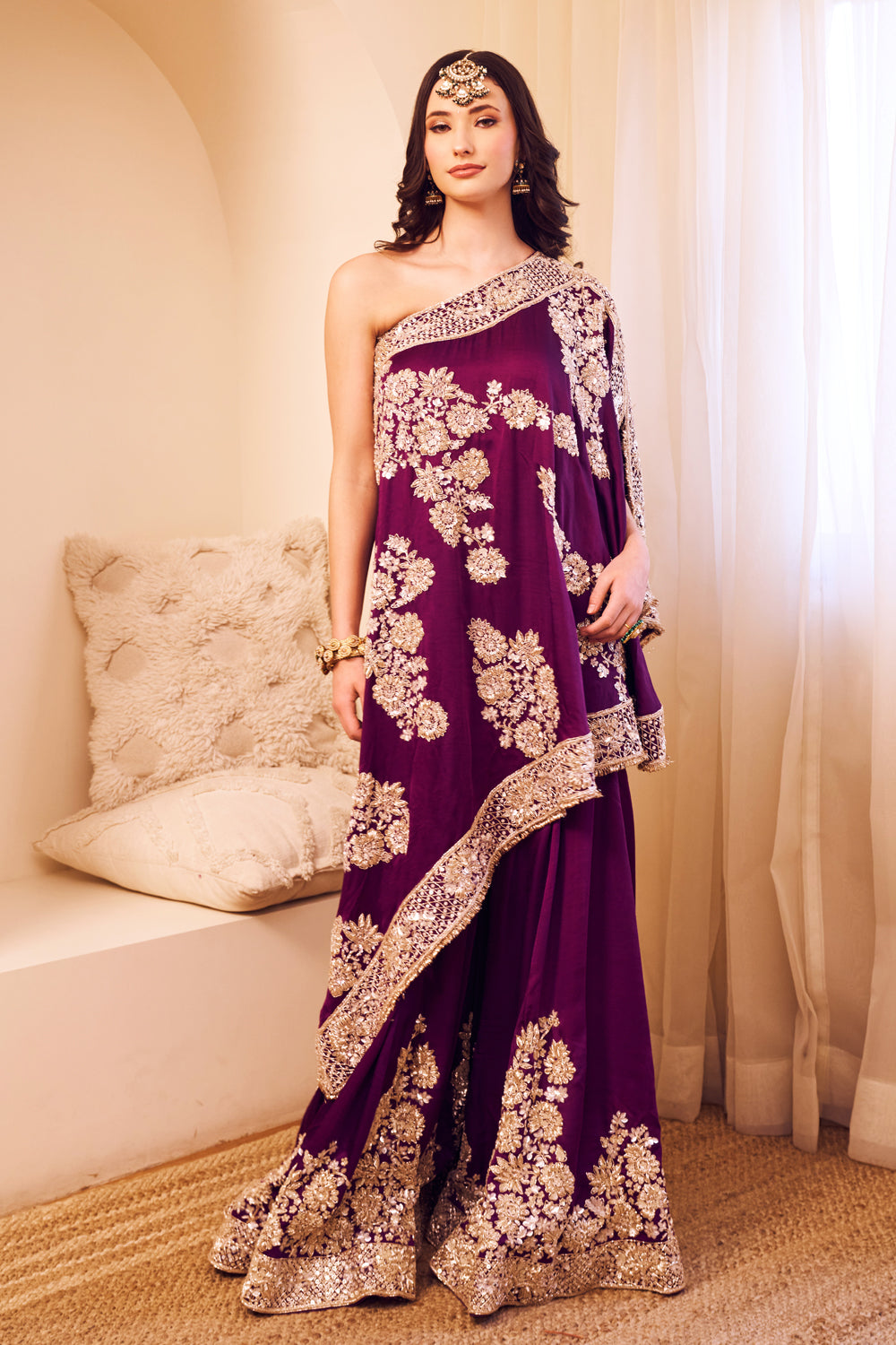 Swarna Purple Satin Silk Lining Shantoon Embroidery Rooh Bahar Kaftan With Sharara