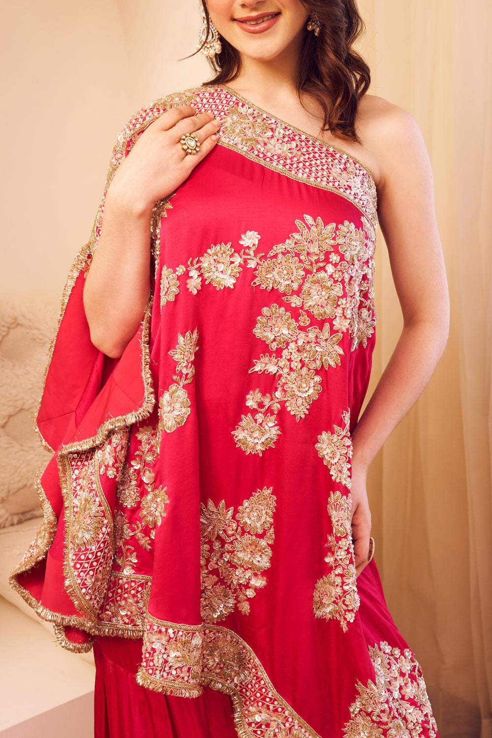 Swarna Hot Pink Satin Silk Lining Shantoon Embroidery Rooh Gulbahar Kaftan With Sharara