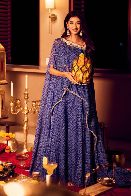 Cascading Sea Blue Printed Georgette Cape Sleeves Kaftan with Flare Pants