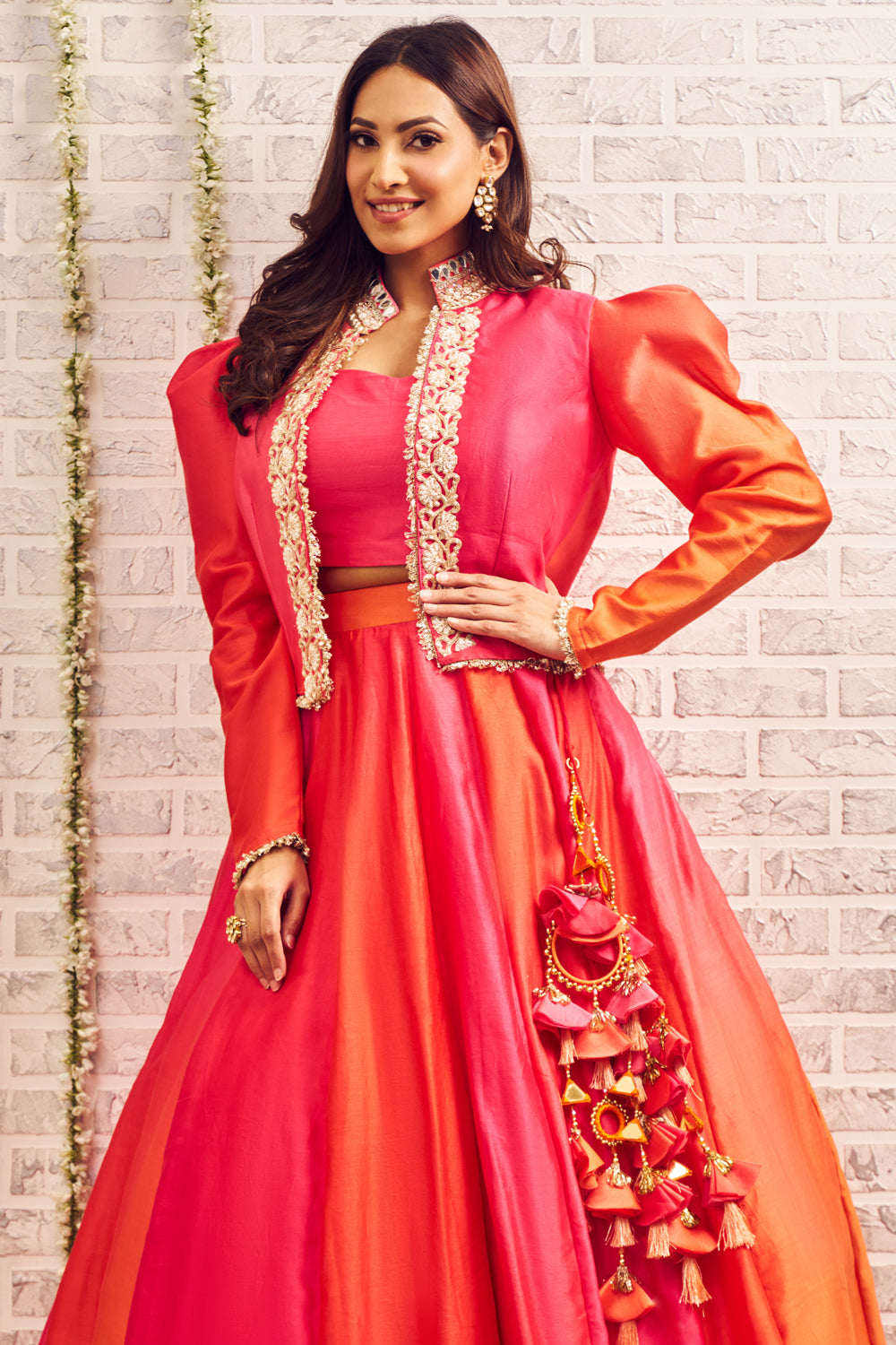 Shagna Riwayaat Orange Pink Chanderi Skirt and Bustier with Jacket