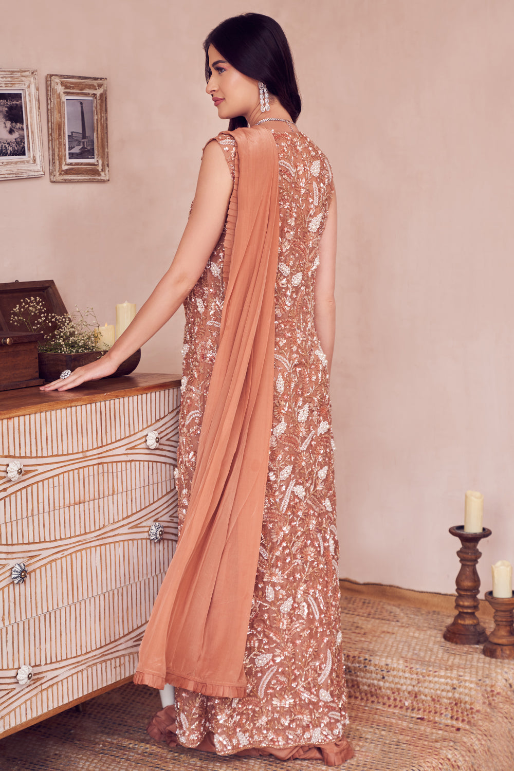 Gilded Rose Gold Lining Shantoon Embellished Pre-Draped Saree With Jacket