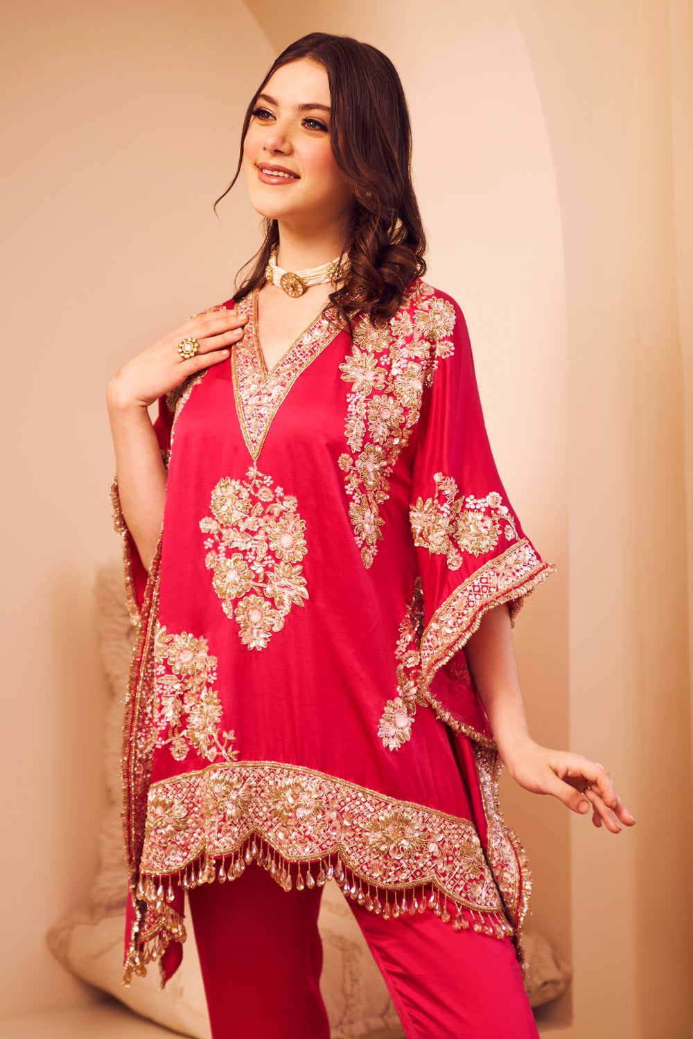 Seher Hot Pink Satin Silk Lining Shantoon Gullistta Bloom Kaftan With Pant