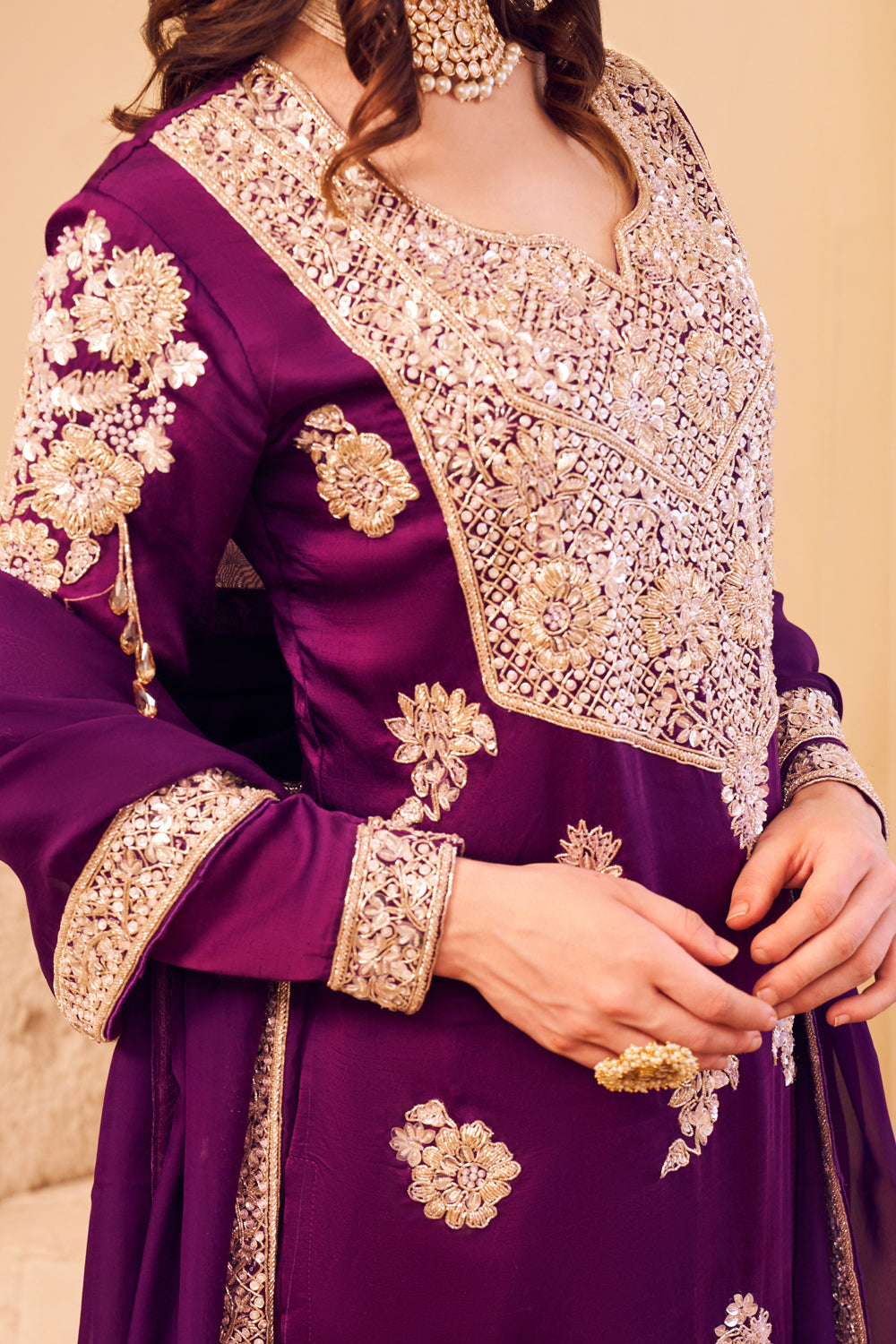 Gehraaiyaan Purple Satin Silk Embroidery Sequin Leaf Mughal Gul Kurta Pant Set